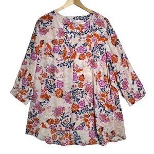 Rose +‎ Olive Womens Size 2X Floral Boho Blouse Hi Low 3/4 Sleeve Flowy